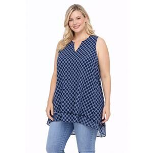 Cristina B Sleeveless Tunic Blouse Hi-Low Navy Print L NWT